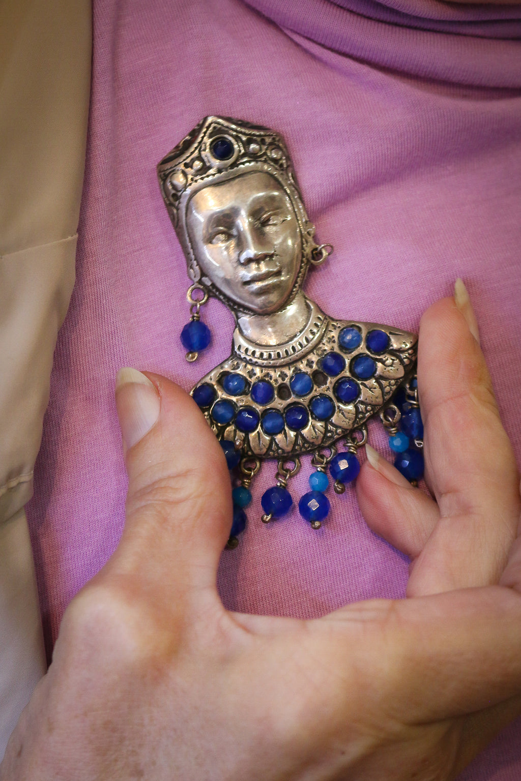 Broche "Moreto" en plata de ley mas amazonitas