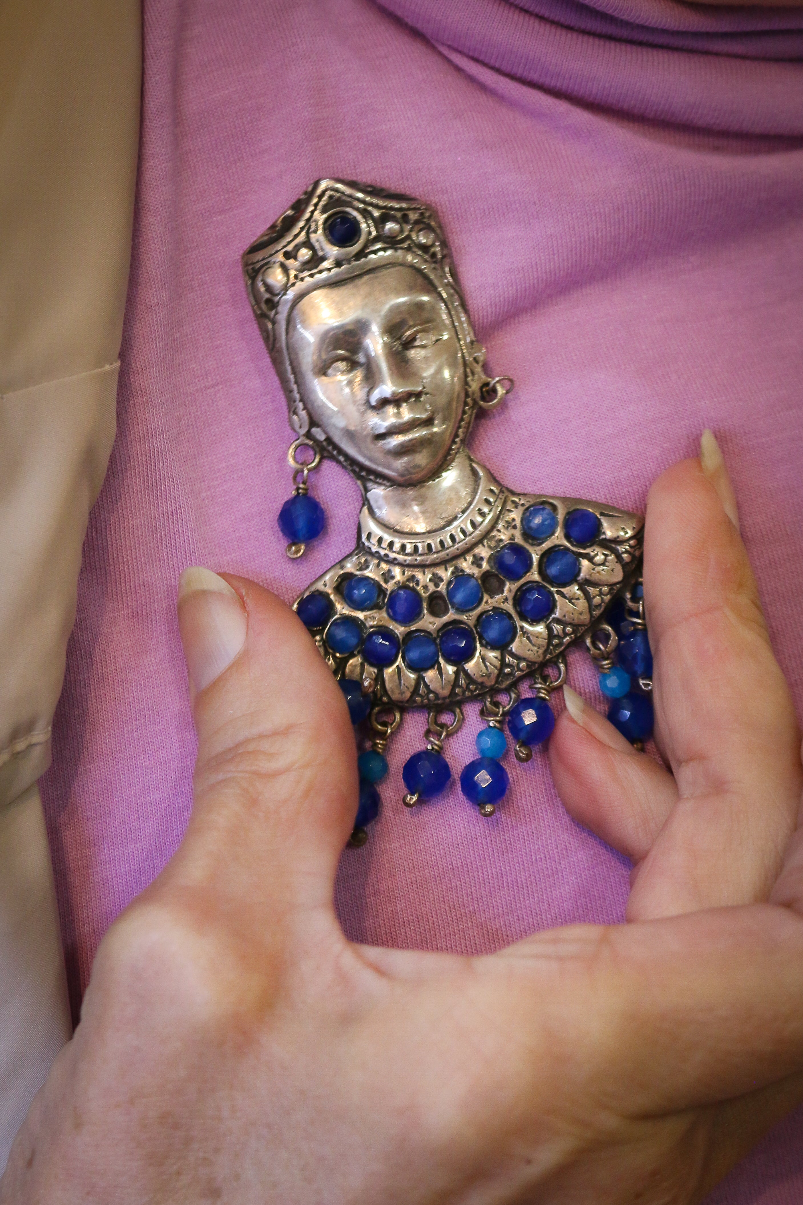 Broche "Moreto" en plata de ley mas amazonitas